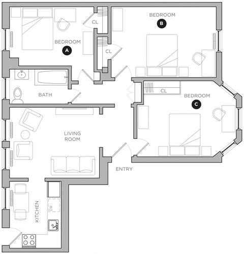 Floor plan for 3 beds, 1 bath, 530 sqft